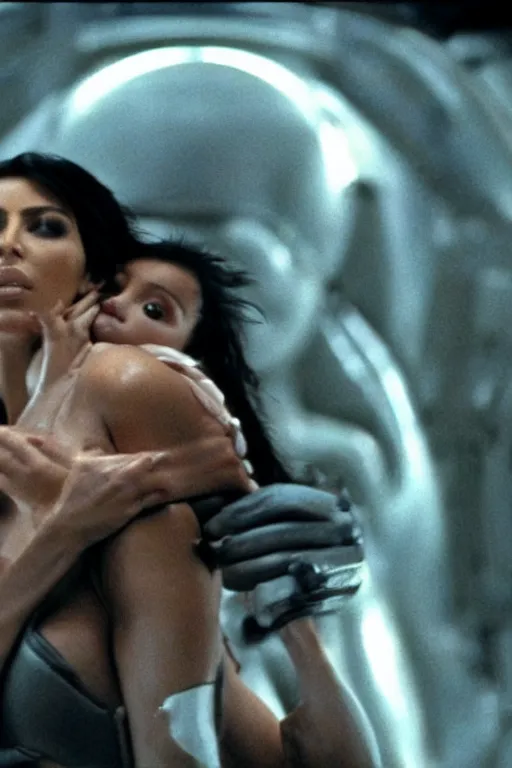 Prompt: film still of kim kardashian in the movie Alien, xenomorph holding kim in a chokehold, kim unconscious, cinematic shot, 4k.