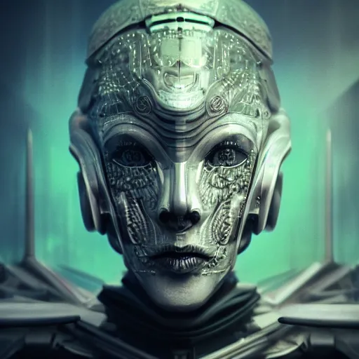 Image similar to symmetry, headpiece, portrait of an extraterrestrial creature, renaissance style, star wars character, mechanical parts, volumetric lights, sci - fi, blade runner, trending on artstation, sharp focus, studio photo, intricate details, highly detailed