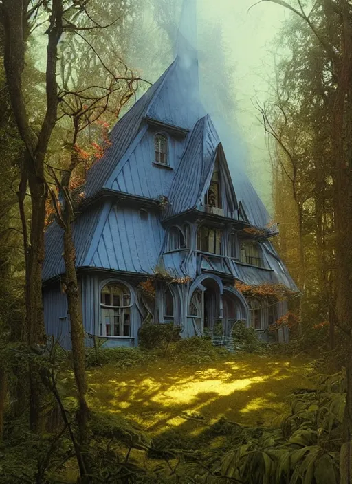 Image similar to hyper realistic witchy modern gothic house with mood lighting and tech in the woods gorgeous lighting, sunbeams blue sky, highly detailed, lush forest foliage painting by zdzisław beksinski and norman rockwell and greg rutkowski weta studio, and lucasfilm