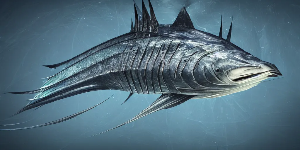 Prompt: sailfish, stylized layered textures, long flowing fins, bioluminescent orbs, 3 d render, substance painter, glowing eye, smooth, sharp focus, art by h r giger