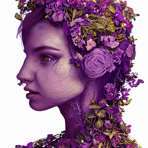 Prompt: the head of an unbelievably elegant and beautiful woman partially made of potatoes and violets, an ultrafine detailed illustration by james jean, final fantasy, intricate linework, bright colors, behance contest winner, vanitas, angular, altermodern, unreal engine 5 highly rendered, global illumination, radiant light, detailed and intricate environment