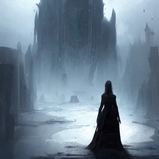 Prompt: gothic concept art by greg rutkowski, supergirl walking down a barren street towards a monolithic and menacing looking structure in the distance, enigmatic atmosphere, beautiful and cinematic lighting, artstation hq.