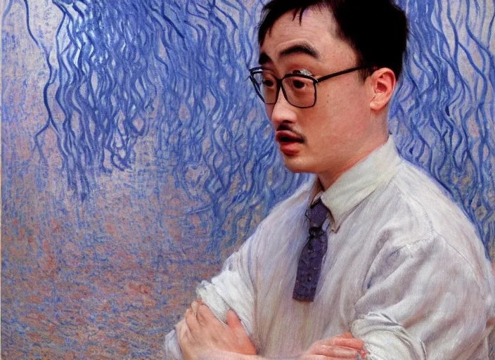 Prompt: Filthy Frank wearing blue dirty spaghetti stained dress shirt, rule of thirds, accurately portrayed, portrait art by Claude Monet, highly detailed, digital painting, concept art, illustration, imperial Japanese flag background, trending on artstation, very detailed, smooth, sharp focus, octane render, close up