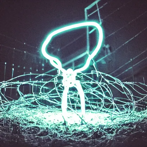 Prompt: “photo of a glowing liquid metal alien figure wrapped in cables and barbed wire standing in the middle of a core field at nighttime, midnight. Flash photo. Cursed image”