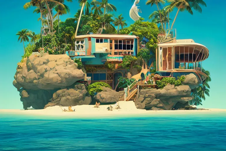 Image similar to a tropical beach cottage by paolo eleuteri serpieri and tomer hanuka and chesley bonestell and daniel merriam and tomokazu matsuyama, clearly defined outlines, unreal engine, high resolution render, featured on artstation, octane, 8 k, highly intricate details, vivid colors