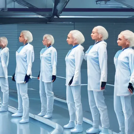 Image similar to line of six identical athletic female clones in formation, white hair, tight light blue neopren suits, elevated conveyor belt, futuristic chemistry lab, sci - fi, highly detailed, cinematic