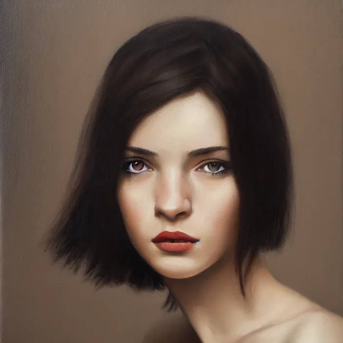 Image similar to alla prima portrait oil painting of young woman with dark hair and no makeup, dark beige grey background, lights and shadows, beautiful composition, hyperrealistic