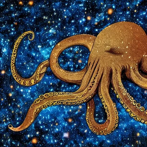 Image similar to a giant octopus god covered in stars in floating among the galaxies of the milky way