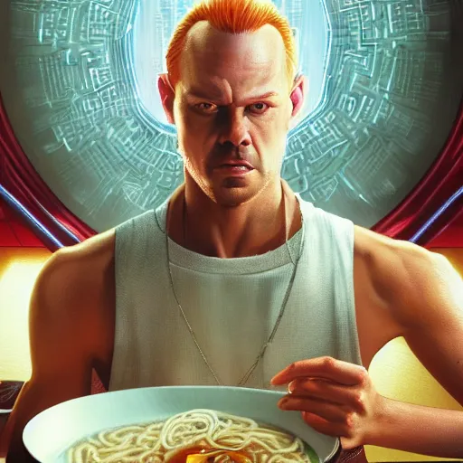 Image similar to a portrait of Korbin Dallas from the movie The Fifth Element eating a bowl of ramen, 8k resolution, extremely detailed, octane render, HQ, colored HQ