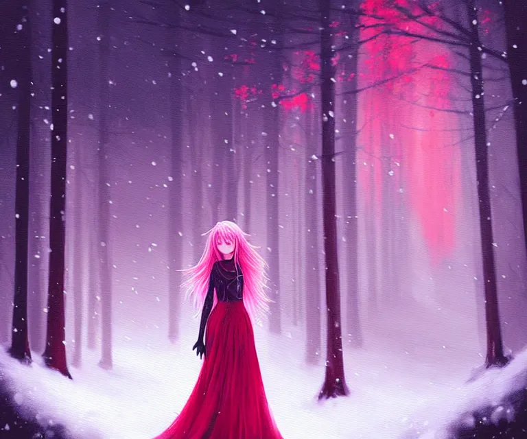 Prompt: a painting of a beautiful face gothic girl, pink hair in a stunning red dress playing a piano in the dark snowy forestby yoshitaka amano and alena aenami, cg society contest winner, retrofuturism, matte painting