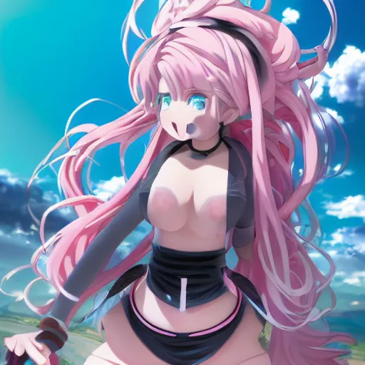 Prompt: stunningly beautiful omnipotent megalomaniacal anime goddess who looks like junko enoshima with symmetrical perfect face and porcelain skin, pink twintail hair and mesmerizing cyan eyes, looking down upon the viewer and taking control while smiling in a mischievous way, mid view from below her feet, hyperdetailed, 2 d anime, 8 k