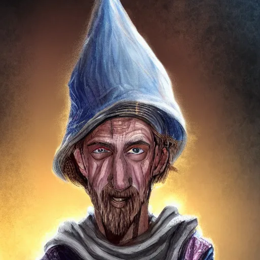Image similar to Chawick the Fail Wizard, a young scrawny man in ragged and stained wizard's robes and hat. 8k resolution, full-length portrait, digital painting, fantasy art.