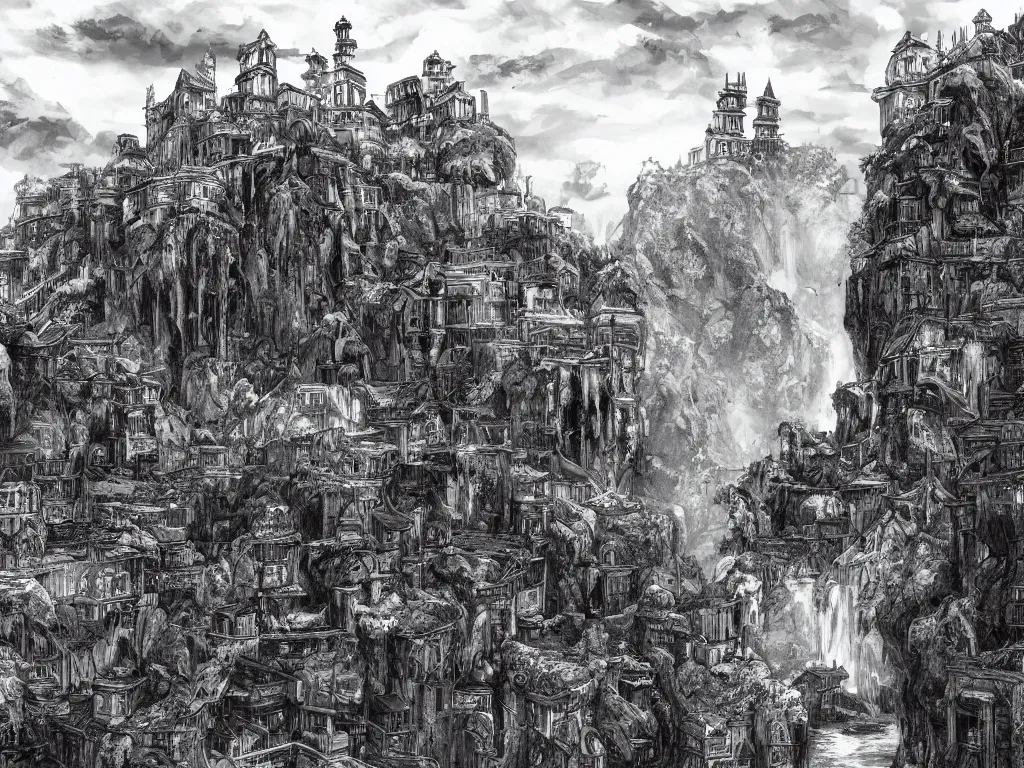 Prompt: concept art of looming crooked ancient town, artstation, ink, line art, black white, rolling hills, waterfall, river, overwhelming, extremely detailed, dominating palace with white walls on top of the hill center