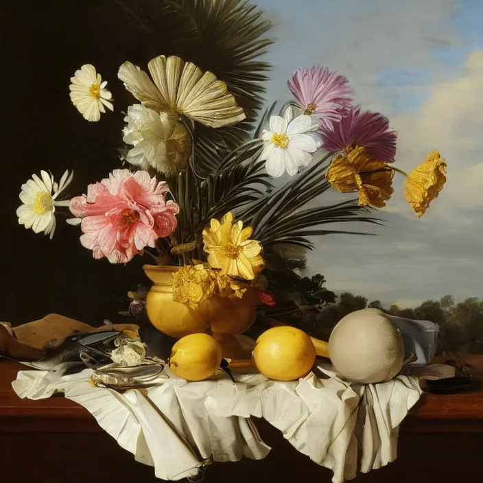 Prompt: still life painting of a beautiful bouquet of flowers by pieter claesz, palm trees in the background, oil on canvas, strong lighting, highly detailed, hyper realism, golden hour, god rays, hd, 4 k