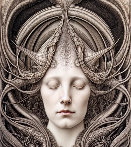 Image similar to detailed realistic beautiful horn goddess face portrait by jean delville, gustave dore, iris van herpen and marco mazzoni, art forms of nature by ernst haeckel, art nouveau, symbolist, visionary, gothic, neo - gothic, pre - raphaelite, fractal lace, intricate alien botanicals, biodiversity, surreality, hyperdetailed ultrasharp octane render