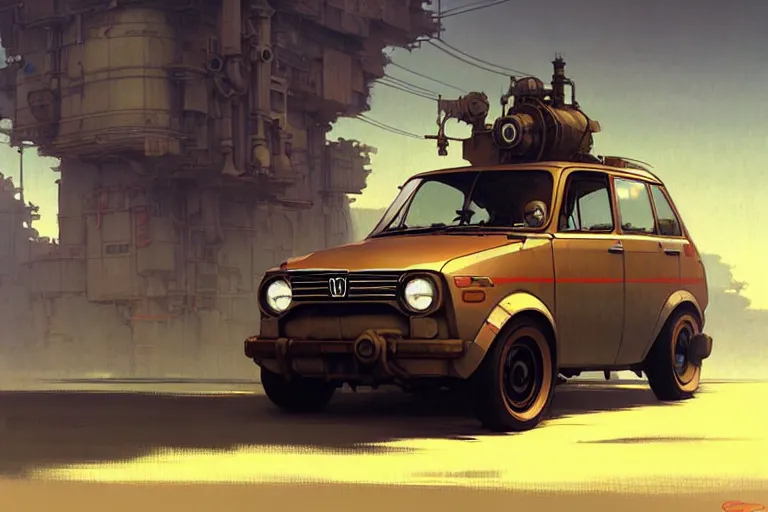 Image similar to dieselpunk honda e, painted by greg rutkowski makoto shinkai takashi takeuchi studio ghibli, akihiko yoshida