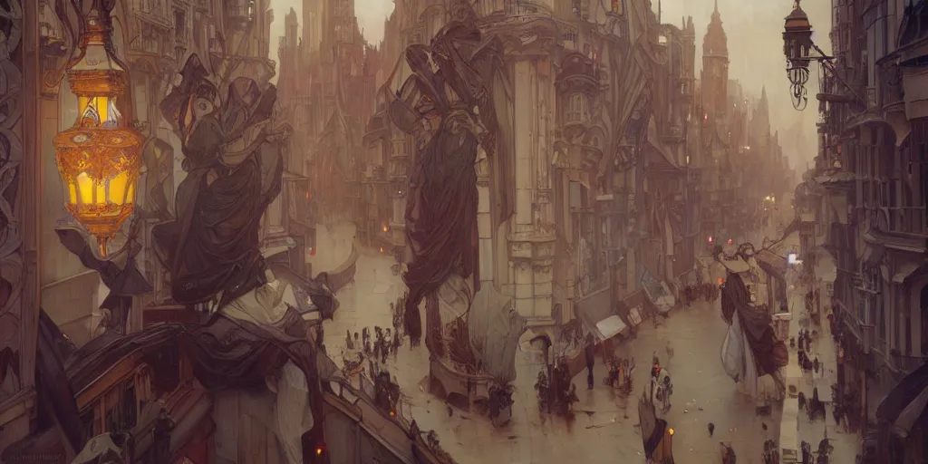 Image similar to city street, beautiful, alphonse mucha, greg rutkowski, trending on artstation, artgerm, breathtaking, sharp focus, smooth, mark arian, award winning, highly detailed 4 k art