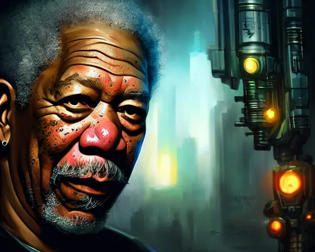 Image similar to morgan freeman with cyberpunk implants, deep focus, d & d, fantasy, intricate, elegant, highly detailed, digital painting, artstation, concept art, matte, sharp focus, illustration, hearthstone, art by artgerm and greg rutkowski and alphonse mucha