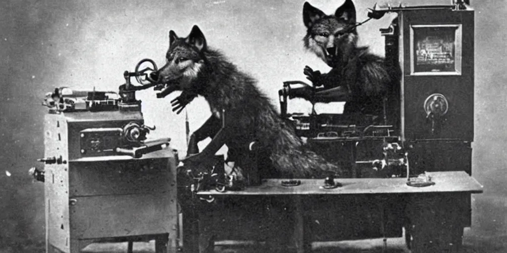 Image similar to anthropomorphic furry wolf controlling an obscure machine, 1900s photograph