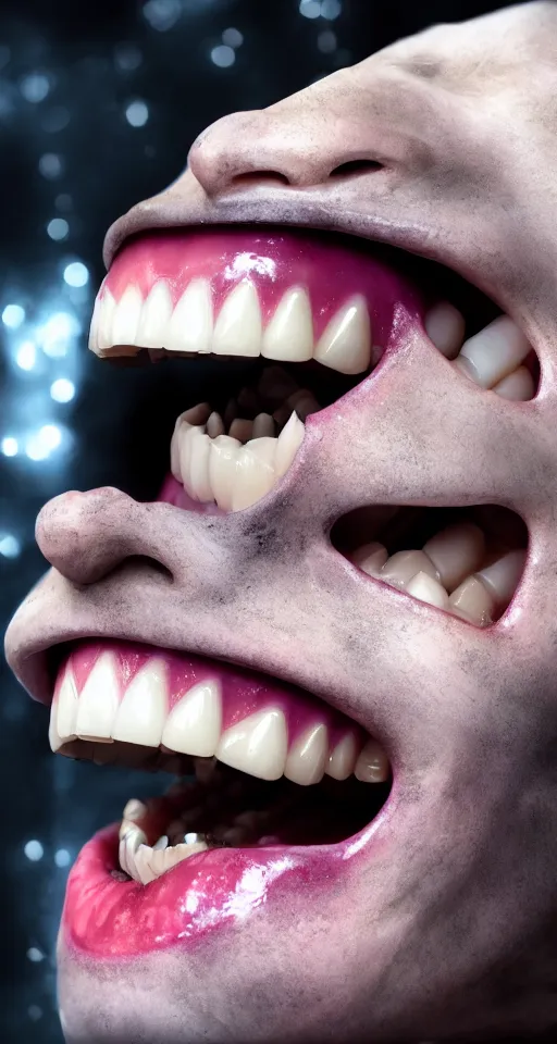 Image similar to up close shot of regular teeth with two vampire fangs, winter, dark scenery, dark lighting, cinematic, cold freezing nights, laser lights, cybernetic, top floor boss shit, destroy lonely, black floor, lavish, luxurious, marble walls, cinematic, hyper realism, high detail, octane render, 8 k