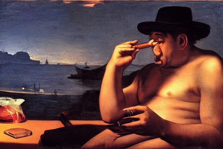 Prompt: shirtless al capone smoking a cigar, sunset, neon lights, yacht, caravaggio