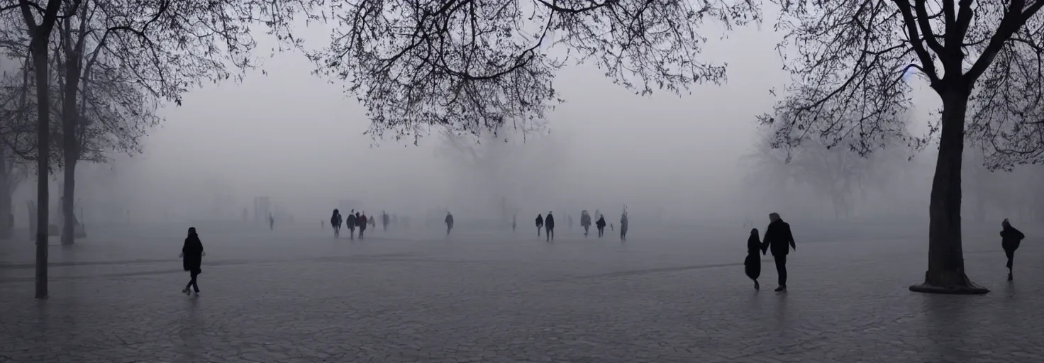 Prompt: Bucharest center in winter at dawn with people walking, mist, very very very very very very beautiful