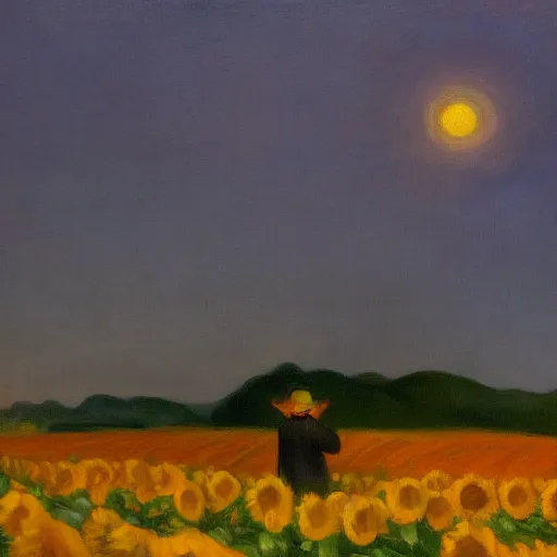 Image similar to an oil painting of a sunflower field is on fire in midnight by edward hopper