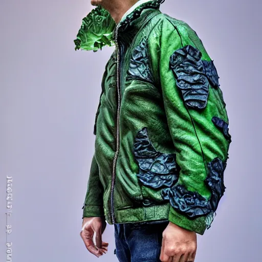 Image similar to jacket made out of cabbage, photorealistic, studio, detailed