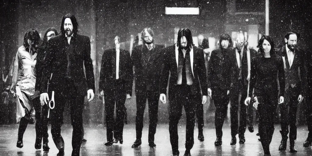 Image similar to John Wick, a black and white photo of a group, an album cover by David Gilmour Blythe, pinterest, bauhaus, tesseract, composition, national geographic photo, flemish baroque