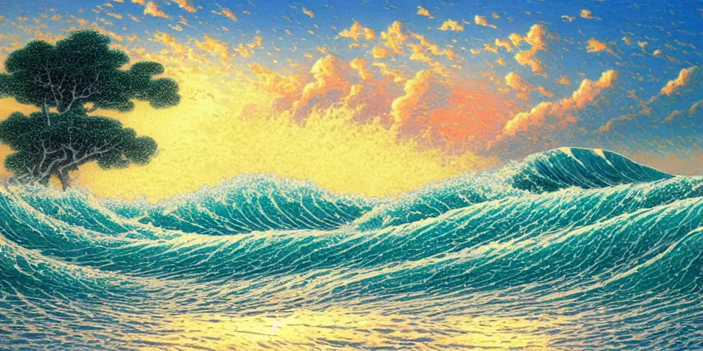 Prompt: clouds and waves, An aesthetically pleasing, dynamic, energetic, lively, complex, intricate, detailed, well-designed digital art of a beach, ripples, waves, sea foam, light and shadow, overlaid with aizome patterns, Shin-hanga by Thomas Kinkade and Bob Ross, traditional Japanese colors, superior quality, masterpiece, featured, trending, award winning, HDR, HD, UHD, 4K, 8K, anamorphic widescreen