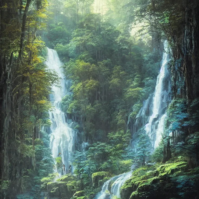 Image similar to A beautiful oil painting of a very tall waterfall on a very rocky cliff, in the middle of a huge forest of trees with bright blue glowing leaves, by Greg Rutkowski