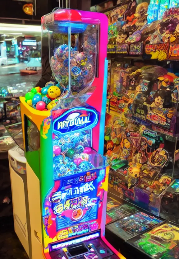 Prompt: cyberpunk gumball gashapon machine, filled with cute toys, in an arcade