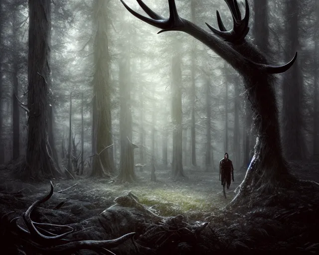 Prompt: 5 5 mm portrait photo of a man with pitch black skin, white eyes, and long antlers in a magical forest. magical atmosphere. art by greg rutkowski and luis royo. highly detailed 8 k. intricate. lifelike. soft light. nikon d 8 5 0.