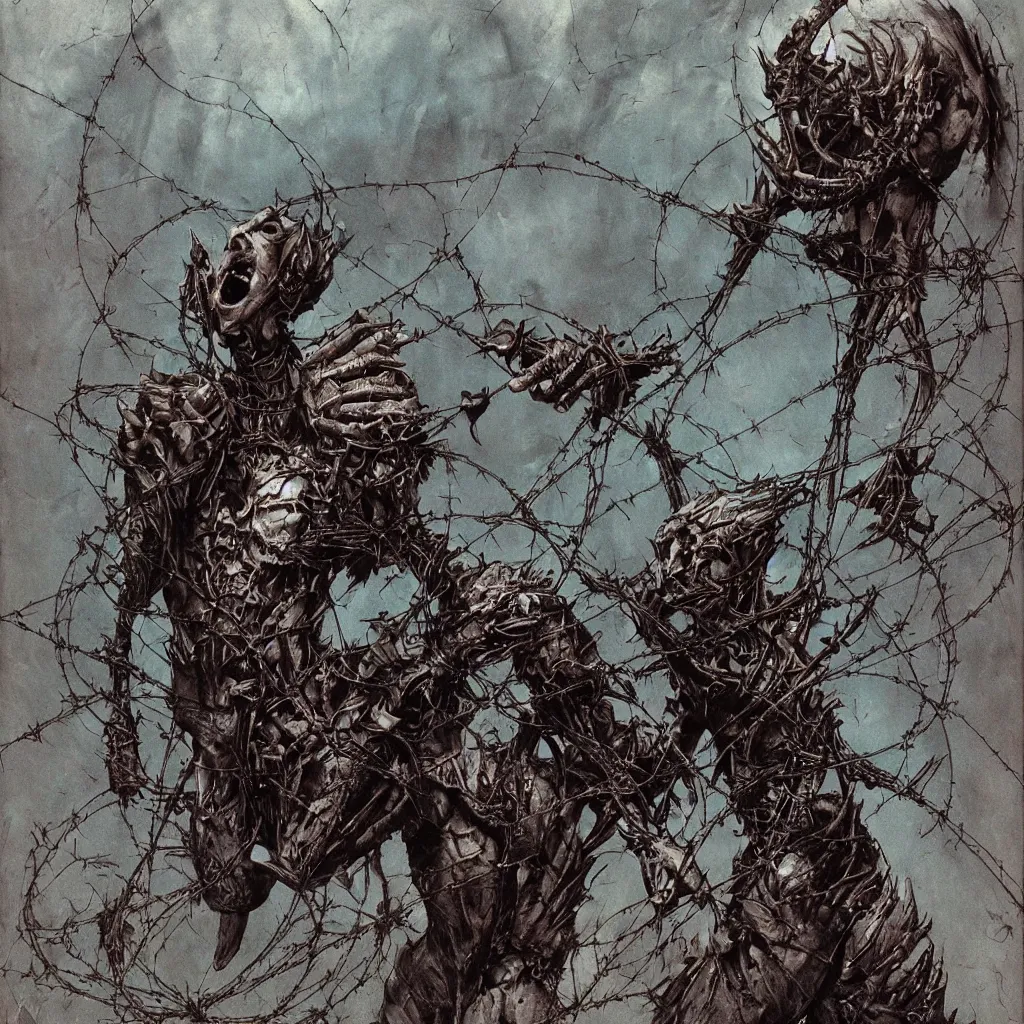 Prompt: A creepy armored horned fanged demon woman with blue scarred skin wrapped in barbed wire. Extremely high detail, realistic, fantasy art, solo, bones, ornate, textured, cgsociety masterpiece, saturated colors, tricate omnious visionary concept art tangled, ripped flesh, art by Zdzisław Beksiński, Arthur Rackham, Dariusz Zawadzki