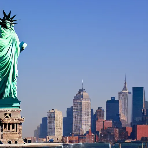 Prompt: a statue of beyoncé on liberty island, new york city in the background