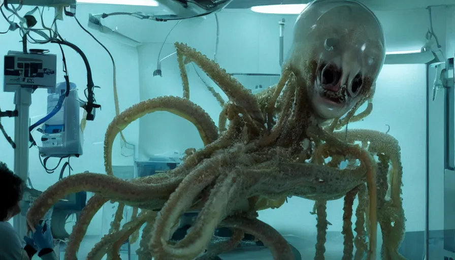 Prompt: Big budget horror movie set in an undersea biolab about a cyborg doing an autopsy on a giant squid's nervous system