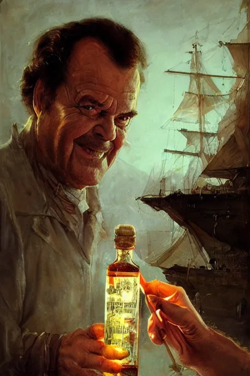 Prompt: a ship in a bottle but instead of a ship it is jack nicholson in the bottle, painting by artgerm, greg rutkowski, edgar maxence, norman rockwell, tom bagshaw