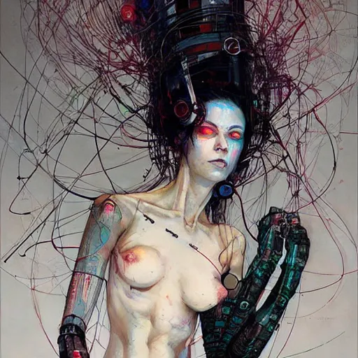 Image similar to woman cyberpunk hacker dream theief, wires cybernetic implants, in the style of adrian ghenie, esao andrews, jenny saville,, surrealism, dark art by james jean, takato yamamoto