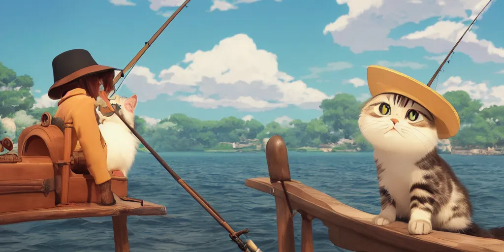 Image similar to a wholesome animation key shot of a cute cat on a fishing boat wearing a sunhat, studio ghibli, pixar and disney animation, sharp, rendered in unreal engine 5, anime key art by greg rutkowski, bloom, dramatic, dynamic lighting