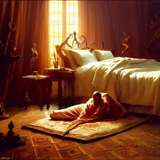 Image similar to the catholic pope in his bed, terrified, because a horned shadow demon is approaching his bed. highly detailed painting by gaston bussiere, greg rutkowski, craig mullins 8 k