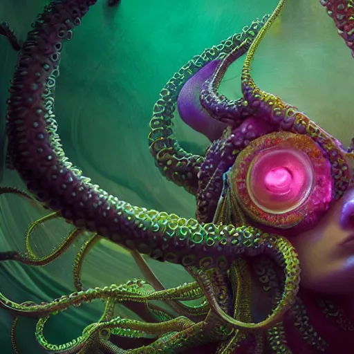 Prompt: tom bagshaw, ultra realist waves miniatures underwater curiosities squids carnival, a single very beautiful long tentacles in full underwater armor, symmetry accurate features, focus, very intricate ultrafine details, green purple aqua volumetric lights, award winning masterpiece, octane render 8 k hd