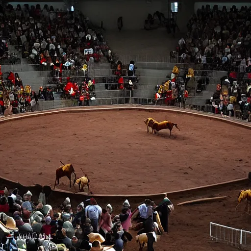 Image similar to evocative by stephanie rew. a installation art of a bullfight in spain. the installation art is set in an arena with spectators in the stands. several figures in the installation art, including a matador & a bull.