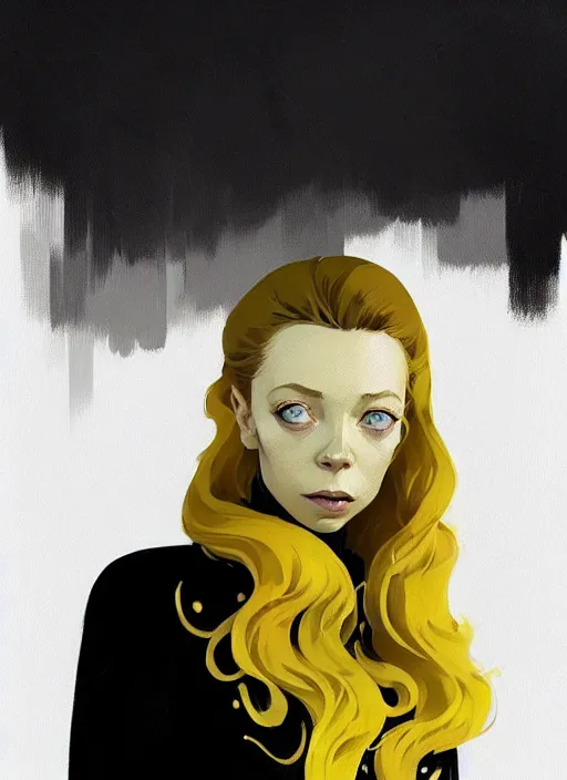 Prompt: highly detailed closeup portrait of beautiful portia doubleday, blonde wavy hair, angela moss, black suit by atey ghailan, by greg rutkowski, by greg tocchini, by james gilleard, by joe fenton, by kaethe butcher, gradient yellow, black and white color scheme, grunge aesthetic!!! ( ( graffiti tag wall background ) )