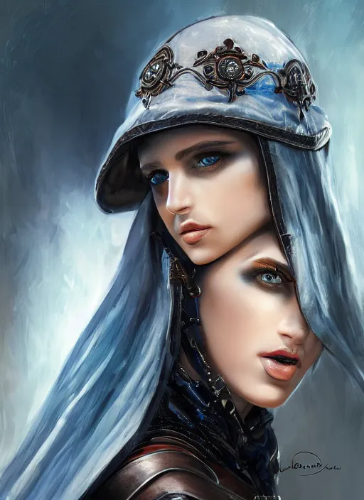 Image similar to Beautiful Arab girl, blue eyes, leather, portrait, fantasy, medieval, vivid colors, elegant, concept art, sharp focus, beautiful face, digital art, Hyper-realistic, 4K, Unreal Engine, Highly Detailed, HD, Dramatic Lighting by Brom, trending on Artstation