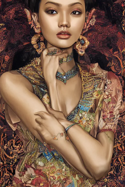 Image similar to portrait of an indonesian supermodels wearing traditional costume,!!!! very coherent!!!! highly detailed, digital painting, artstation, concept art, sharp focus, illustration, art by kittichai rueangchaichan and james gurney and alphonse mucha