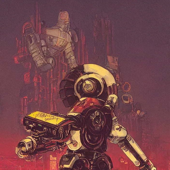 Image similar to a retrofuturism robot hunter from bloodborne in yharnam, style by retrofuturism, faded red and yelow, by malcolm smith, old comics in city, nicholas roerich, katinka reinke