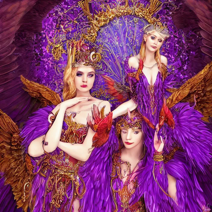 Image similar to Princess sorceress with red flaming bird wings on her back and sitting on an ornate throne dressed in a fancy long purple dress, beautiful realistic symmetrical defined face, Slight smile and open eyes, anatomically correct, Fantasy, Full Body Portrait, High detail, hyper realistic