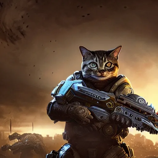 Image similar to lil bub the cat in gears of war, splash art, movie still, cinematic lighting, dramatic, octane render, long lens, shallow depth of field, bokeh, anamorphic lens flare, 8 k, hyper detailed, 3 5 mm film grain