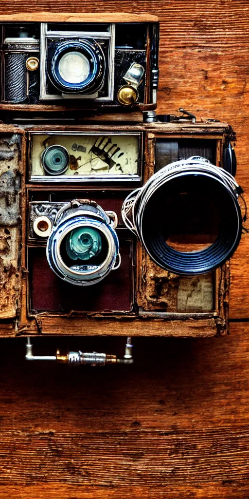 Prompt: A photo of a very old opened device with vacuum tubes, film, capacitors and coils inside, and a camera lens on the outside on an old wooden table by Annie Lebovitz, Laura Letinsky and Steve McCurry, grungy, weathered Ultra detailed, hyper realistic, 4k