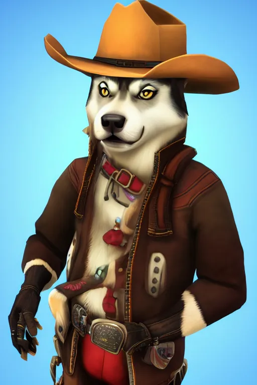 Image similar to a portrait painting of a husky in cowboy costume in the style of anime, [ western film ], [ character design ], humanoid, personify, anthropomorphic, trending on artstation, [ the sims 4 ]